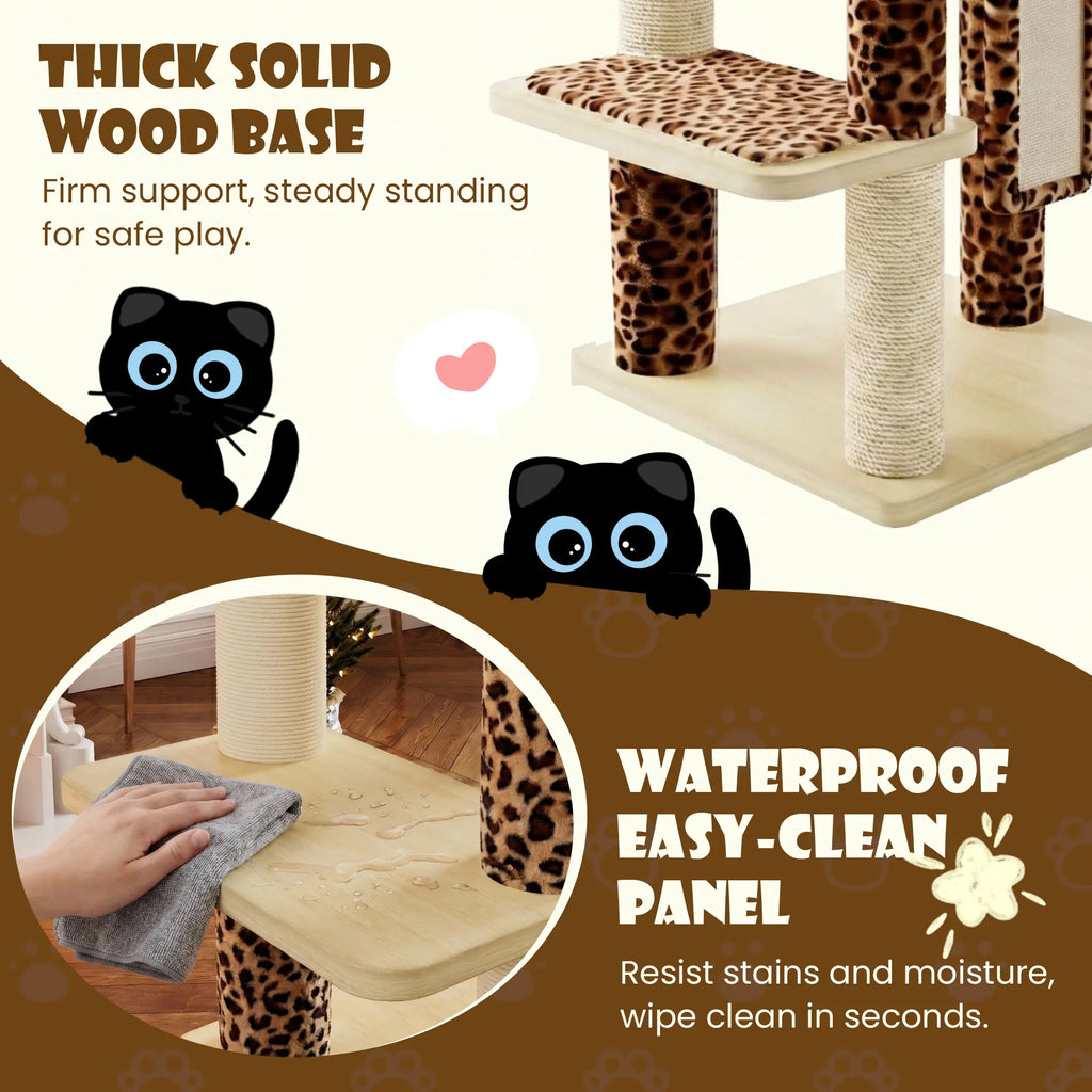 SHA CERLIN 77-Inch Multi-Level Plush Cat Tree Tower, Vertical Scratcher with Extra Thick Scratching Posts, Detachable Washable Cushions, Anti-Tip Safety Design, Leopard & Cream White Color