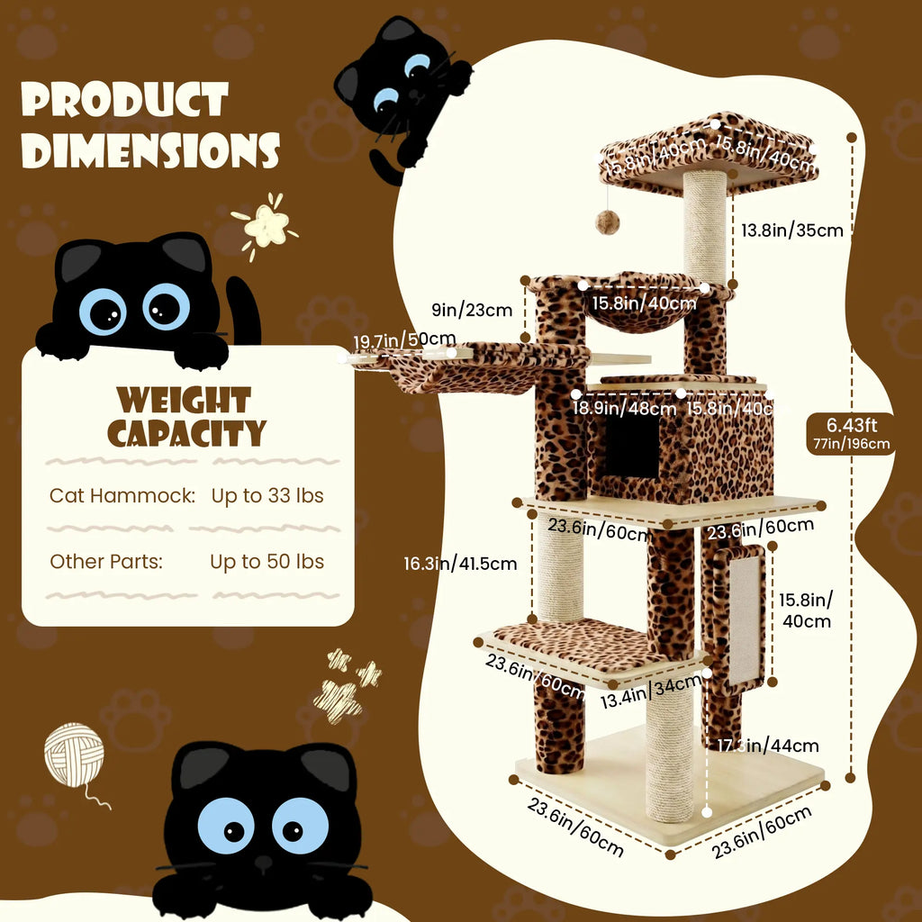 SHA CERLIN 77-Inch Multi-Level Plush Cat Tree Tower, Vertical Scratcher with Extra Thick Scratching Posts, Detachable Washable Cushions, Anti-Tip Safety Design, Leopard & Cream White Color