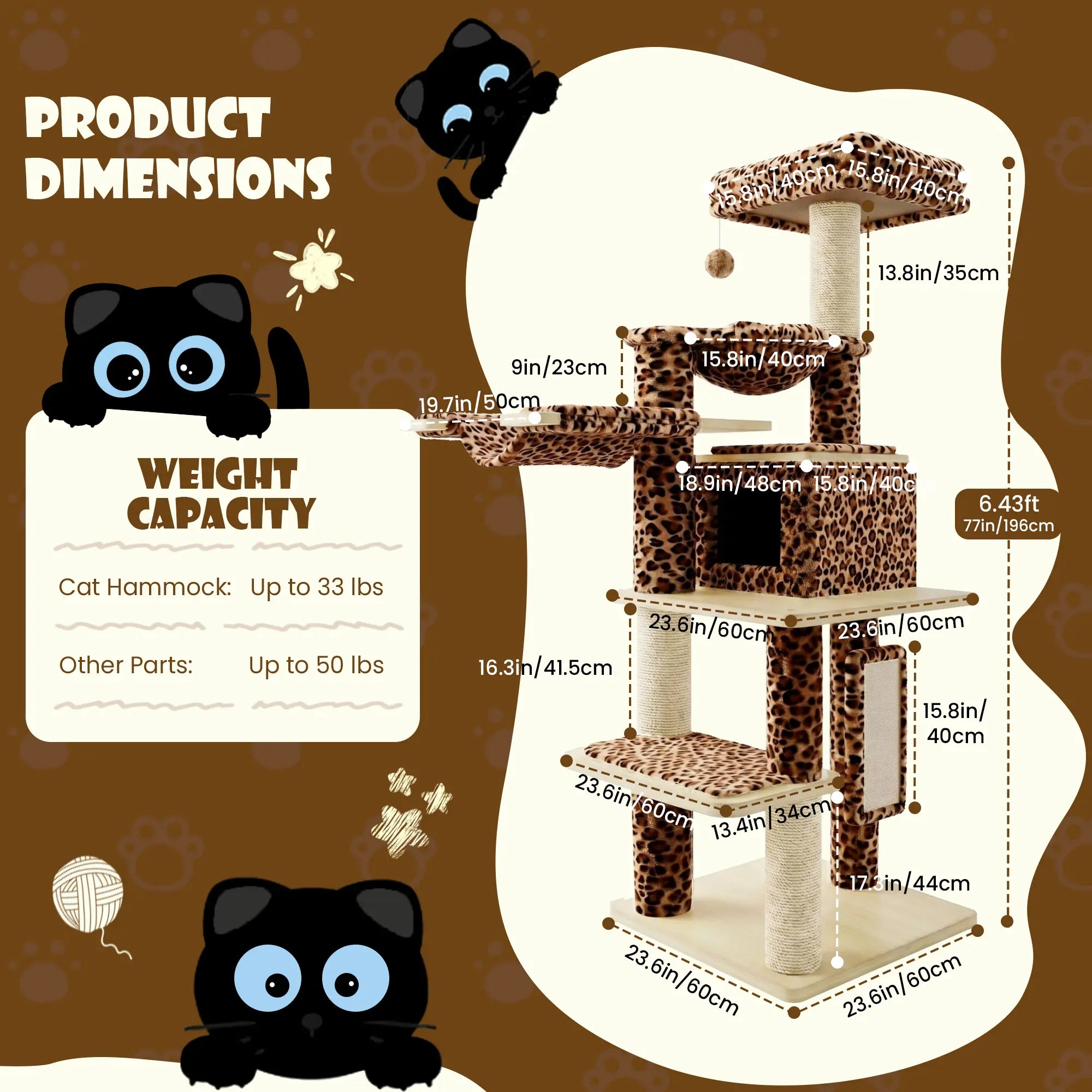 SHA CERLIN 77-Inch Multi-Level Plush Cat Tree Tower, Vertical Scratcher with Extra Thick Scratching Posts, Detachable Washable Cushions, Anti-Tip Safety Design, Leopard & Cream White Color