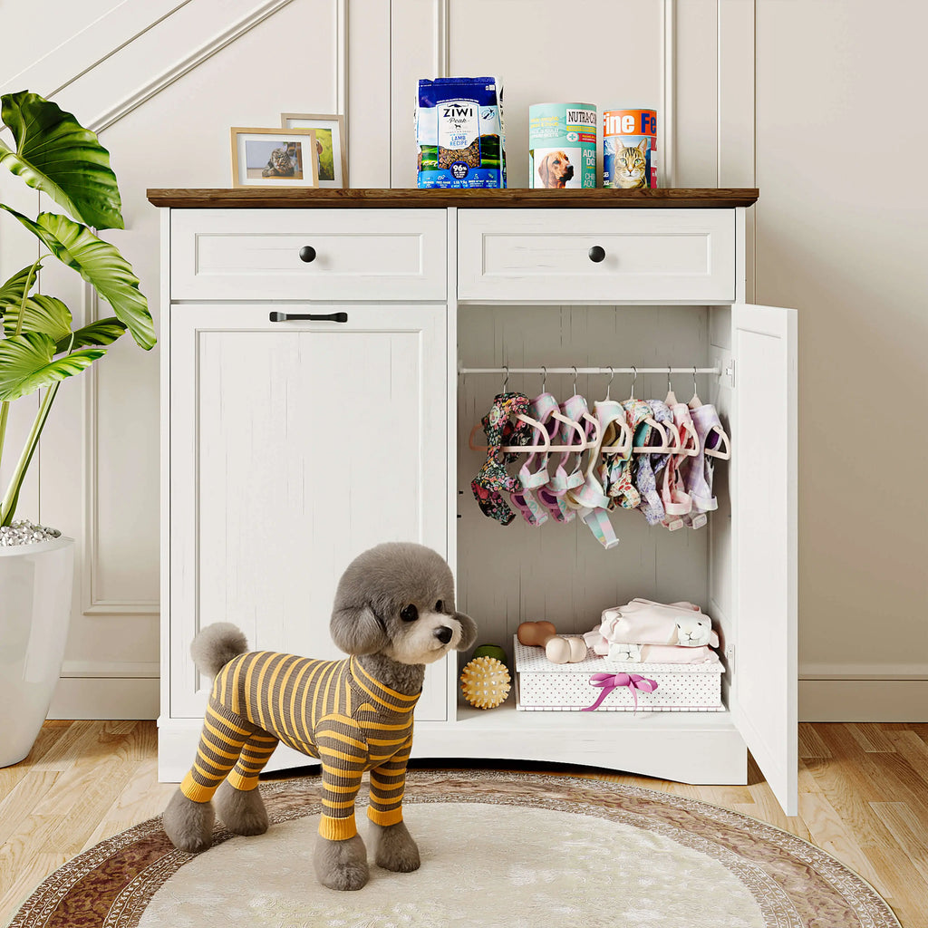 Summervibes Engineered Wood Pet Feeding Station Cabinet - Dual Tiltable Doors for Dog Food & Clothing Storage, Tilt-Out Design with 4 Feeding Bowls for Quick Access Summergarden