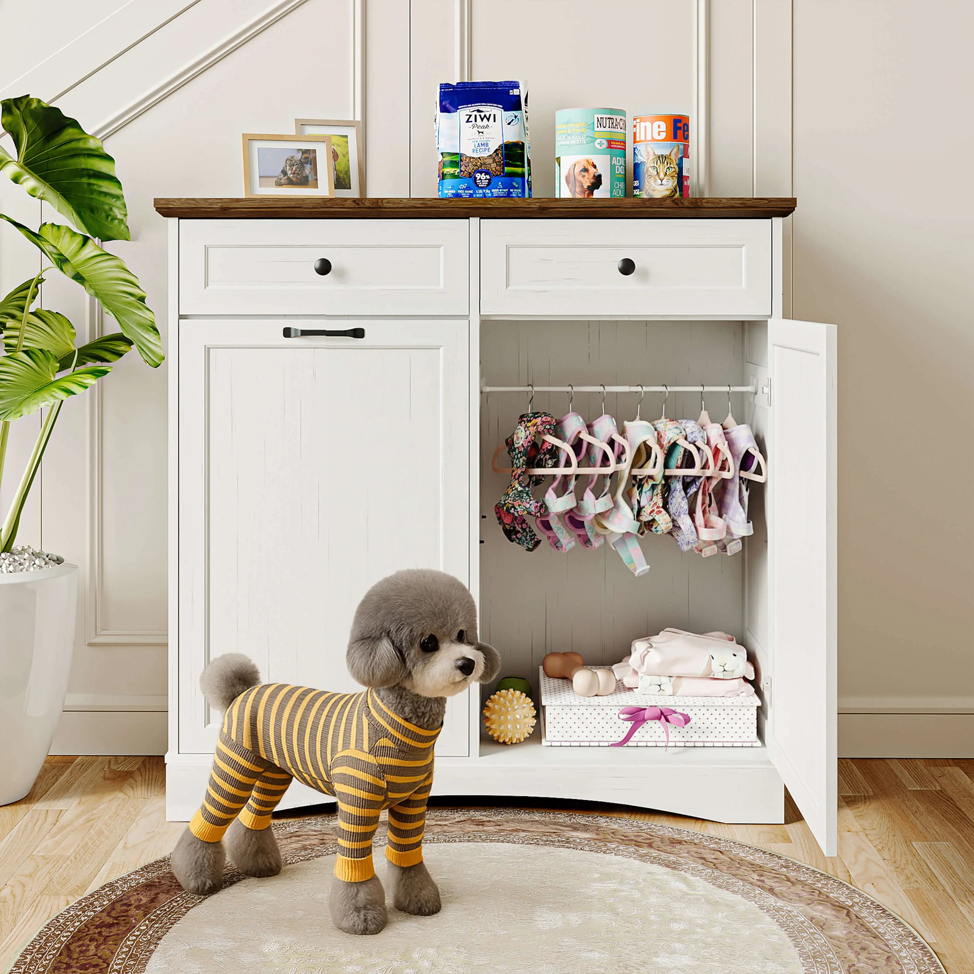 Summervibes Engineered Wood Pet Feeding Station Cabinet - Dual Tiltable Doors for Dog Food & Clothing Storage, Tilt-Out Design with 4 Feeding Bowls for Quick Access Summergarden