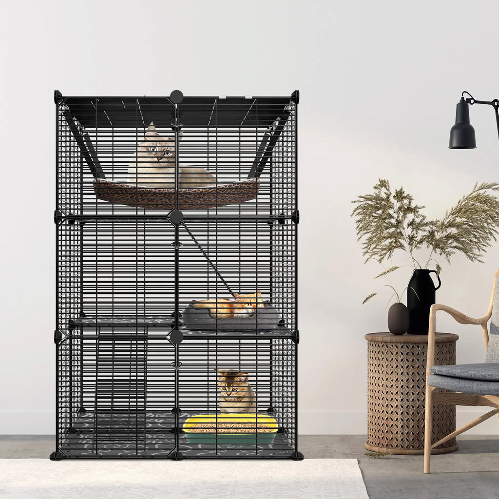 Zeny DIY Multi-Level Metal Wire Kitty Cage Carrier - 3-Tier/4-Tier Enclosed Indoor Kennel Playpen with Hammock, Skylight Door, Spacious Area for Cats, Small Animals