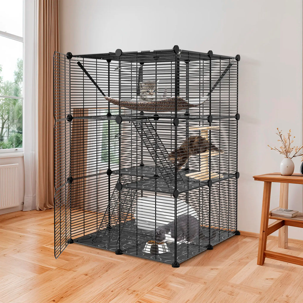 Zeny DIY Multi-Level Metal Wire Kitty Cage Carrier - 3-Tier/4-Tier Enclosed Indoor Kennel Playpen with Hammock, Skylight Door, Spacious Area for Cats, Small Animals