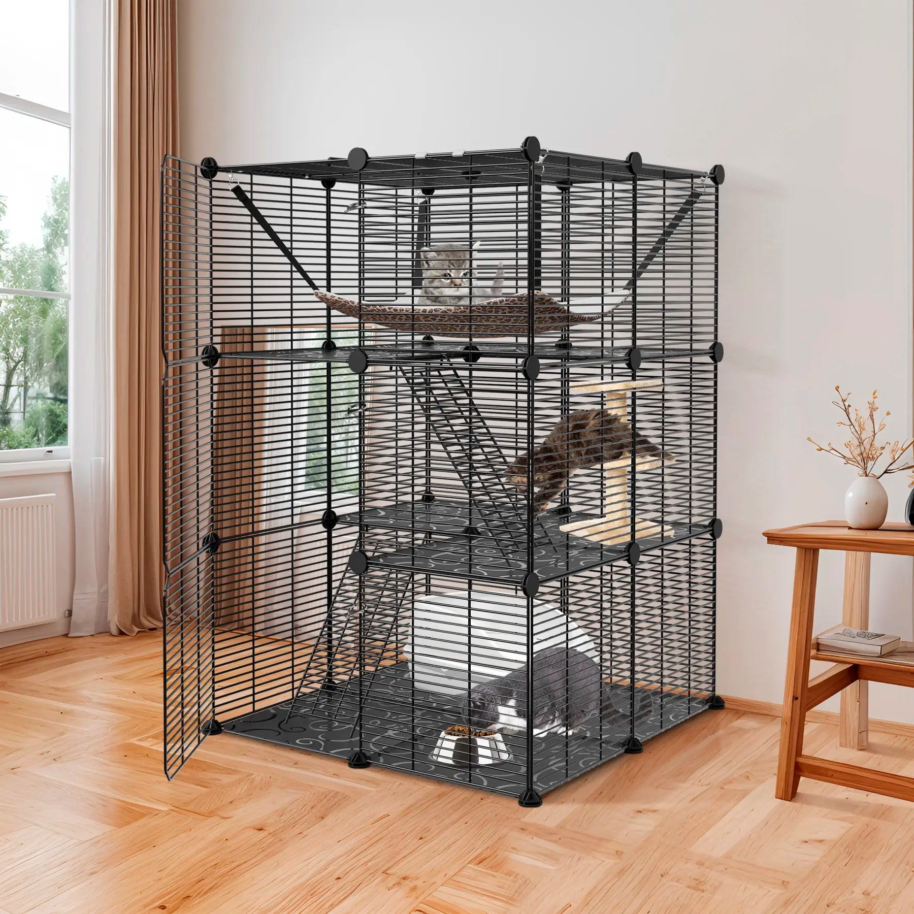 Zeny DIY Multi-Level Metal Wire Kitty Cage Carrier - 3-Tier/4-Tier Enclosed Indoor Kennel Playpen with Hammock, Skylight Door, Spacious Area for Cats, Small Animals