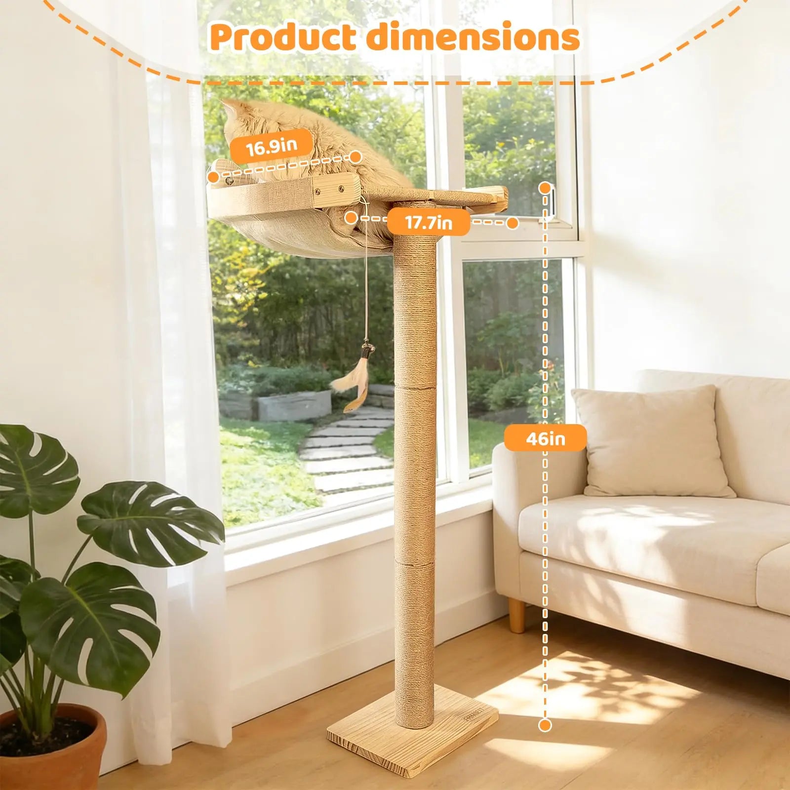 Cat Window Perch Hammock with 3-Piece Detachable Roman Column Sisal Scratching Posts, Drill-Free Suction Cup Mount, Extra Large for Large Cats & Maine Coons