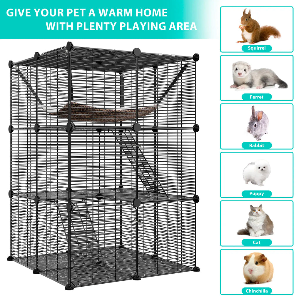Zeny DIY Multi-Level Metal Wire Kitty Cage Carrier - 3-Tier/4-Tier Enclosed Indoor Kennel Playpen with Hammock, Skylight Door, Spacious Area for Cats, Small Animals