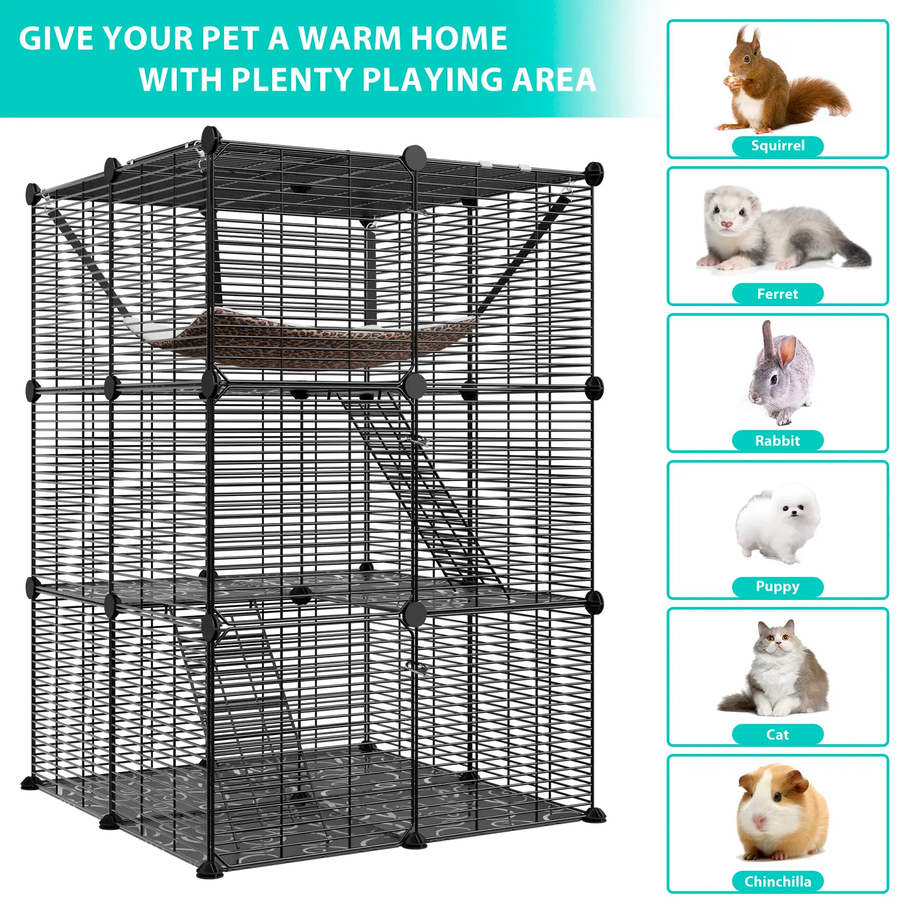 Zeny DIY Multi-Level Metal Wire Kitty Cage Carrier - 3-Tier/4-Tier Enclosed Indoor Kennel Playpen with Hammock, Skylight Door, Spacious Area for Cats, Small Animals