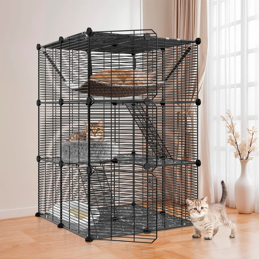 Zeny DIY Multi-Level Metal Wire Kitty Cage Carrier - 3-Tier/4-Tier Enclosed Indoor Kennel Playpen with Hammock, Skylight Door, Spacious Area for Cats, Small Animals