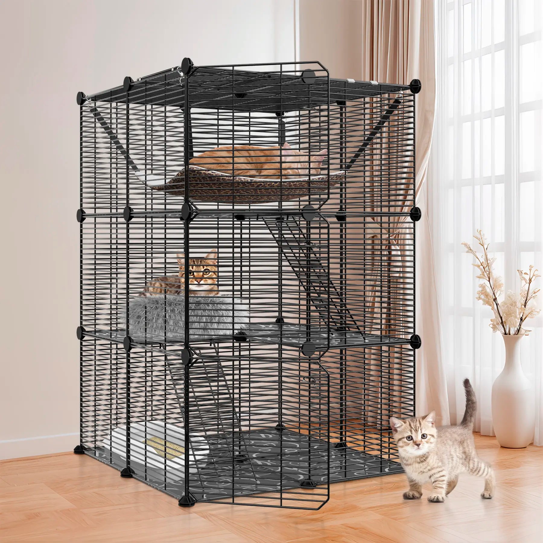 Zeny DIY Multi-Level Metal Wire Kitty Cage Carrier - 3-Tier/4-Tier Enclosed Indoor Kennel Playpen with Hammock, Skylight Door, Spacious Area for Cats, Small Animals