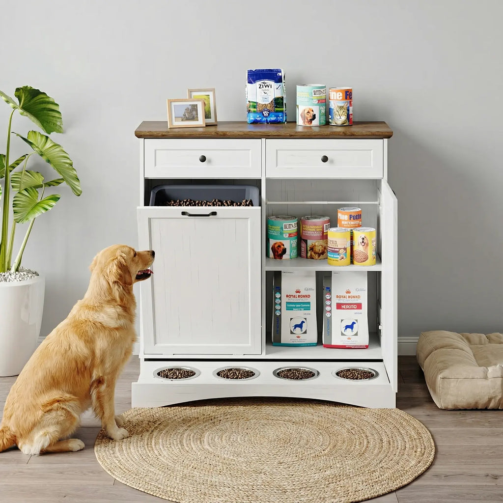 Summervibes Engineered Wood Pet Feeding Station Cabinet - Dual Tiltable Doors for Dog Food & Clothing Storage, Tilt-Out Design with 4 Feeding Bowls for Quick Access Summergarden