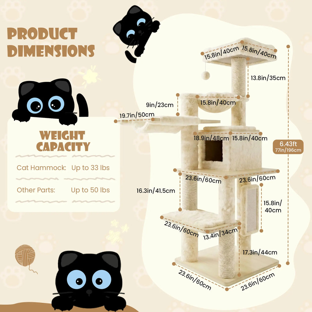 SHA CERLIN 77-Inch Multi-Level Plush Cat Tree Tower, Vertical Scratcher with Extra Thick Scratching Posts, Detachable Washable Cushions, Anti-Tip Safety Design, Leopard & Cream White Color