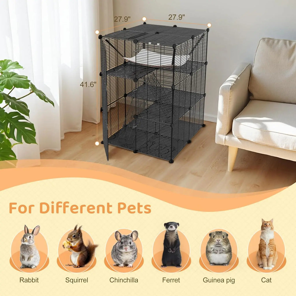Zeny DIY Multi-Level Metal Wire Kitty Cage Carrier - 3-Tier/4-Tier Enclosed Indoor Kennel Playpen with Hammock, Skylight Door, Spacious Area for Cats, Small Animals