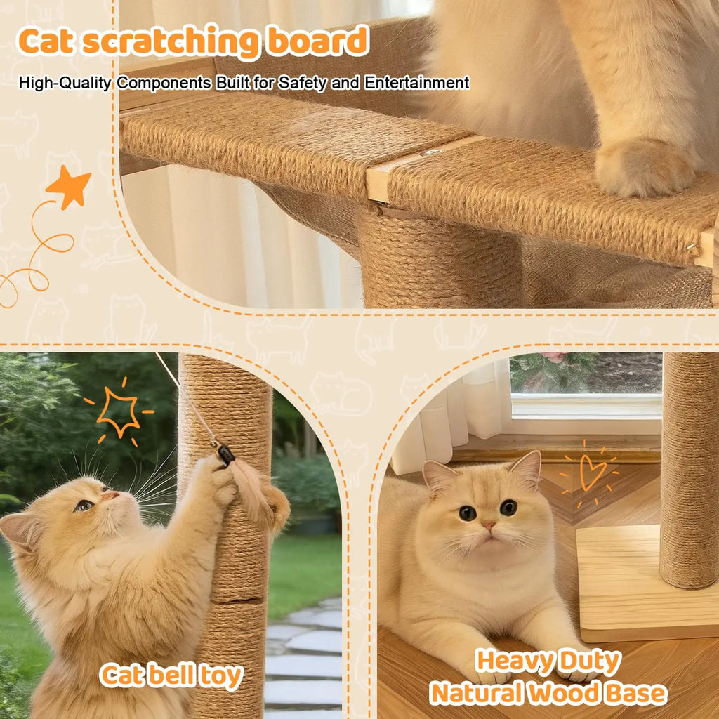 Cat Window Perch Hammock with 3-Piece Detachable Roman Column Sisal Scratching Posts, Drill-Free Suction Cup Mount, Extra Large for Large Cats & Maine Coons