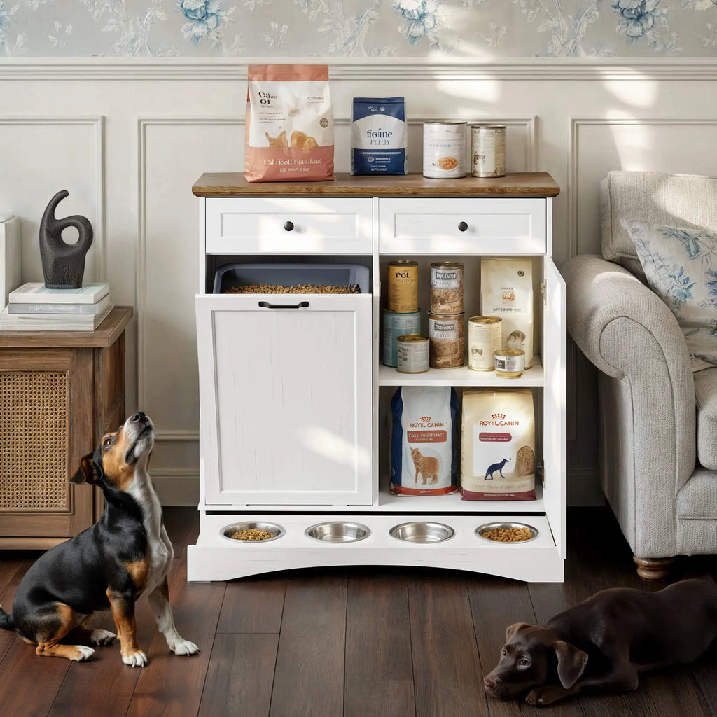Summervibes Engineered Wood Pet Feeding Station Cabinet - Dual Tiltable Doors for Dog Food & Clothing Storage, Tilt-Out Design with 4 Feeding Bowls for Quick Access Summergarden