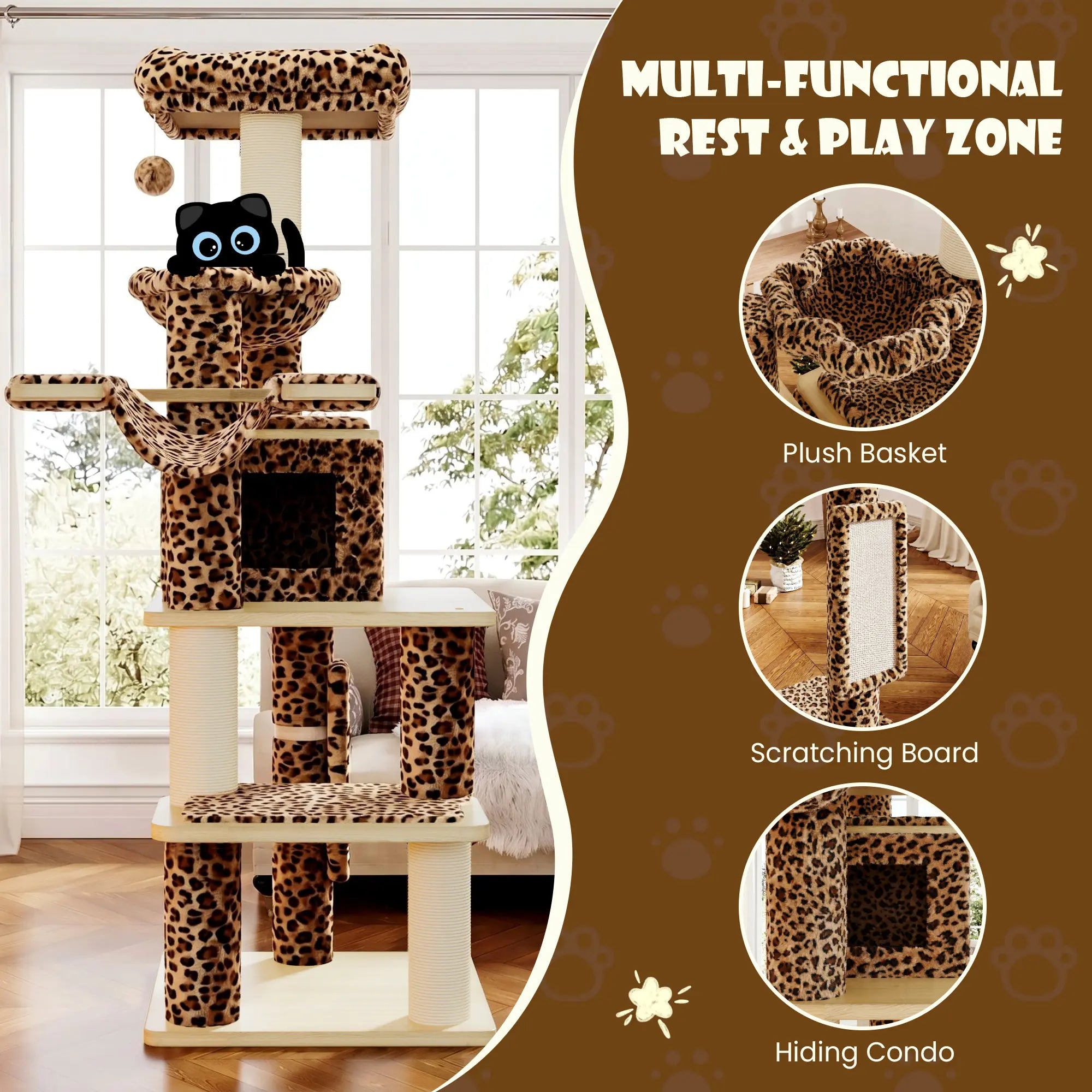 SHA CERLIN 77-Inch Multi-Level Plush Cat Tree Tower, Vertical Scratcher with Extra Thick Scratching Posts, Detachable Washable Cushions, Anti-Tip Safety Design, Leopard & Cream White Color