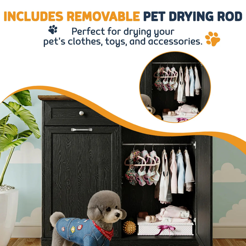 Summervibes Engineered Wood Pet Feeding Station Cabinet - Dual Tiltable Doors for Dog Food & Clothing Storage, Tilt-Out Design with 4 Feeding Bowls for Quick Access Summergarden