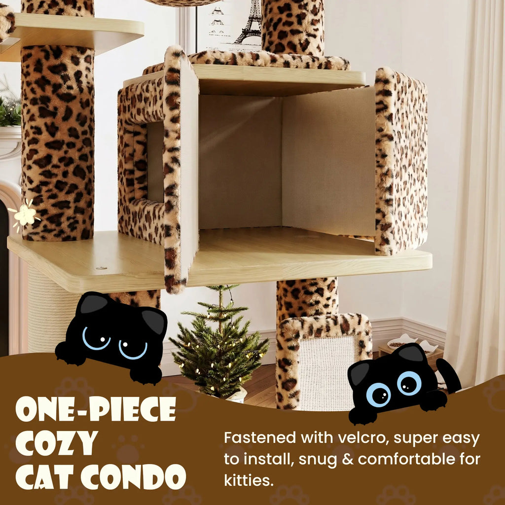 SHA CERLIN 77-Inch Multi-Level Plush Cat Tree Tower, Vertical Scratcher with Extra Thick Scratching Posts, Detachable Washable Cushions, Anti-Tip Safety Design, Leopard & Cream White Color
