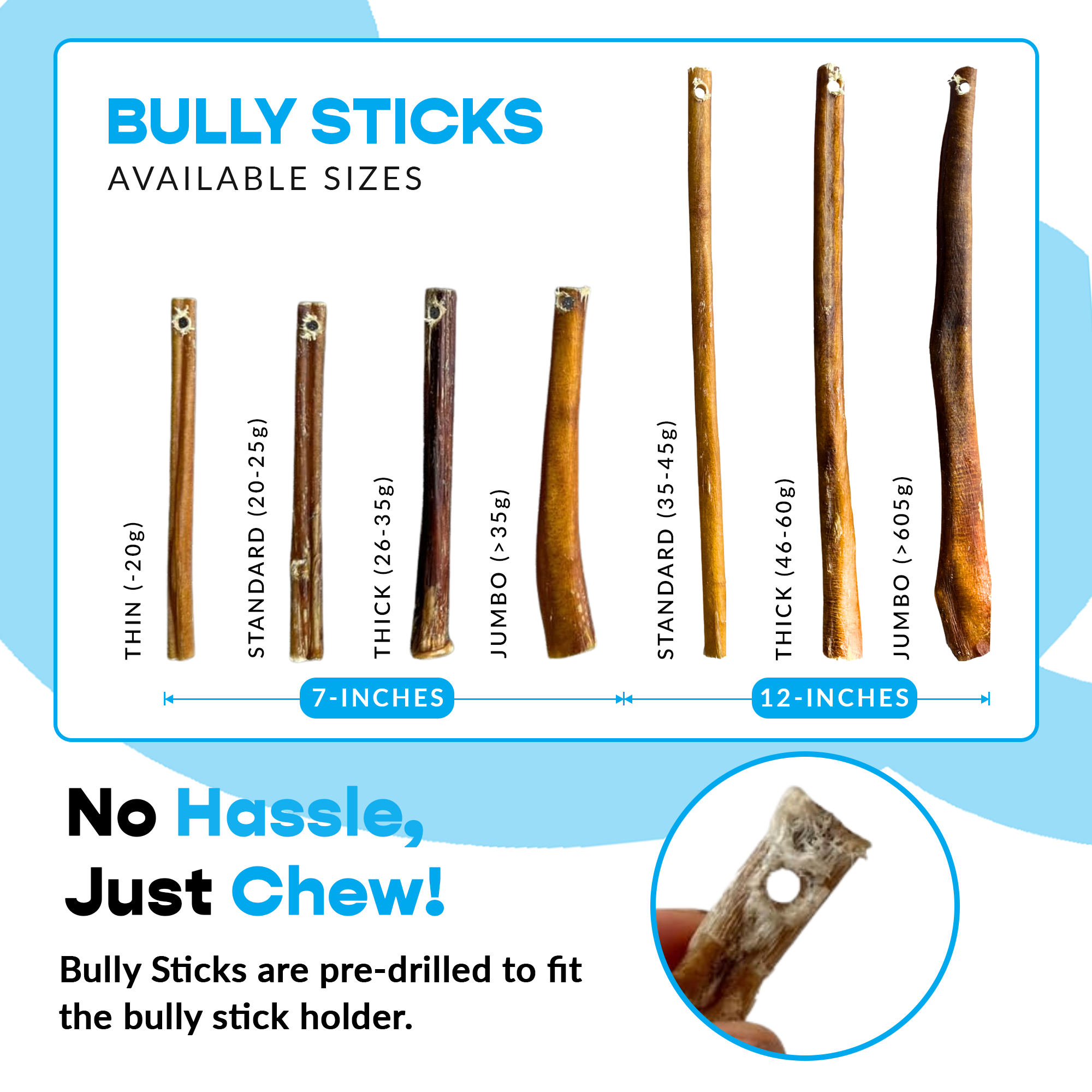 7" Thick Bully Sticks Refill Pack Pre-Drilled All-Natural Dog Chews