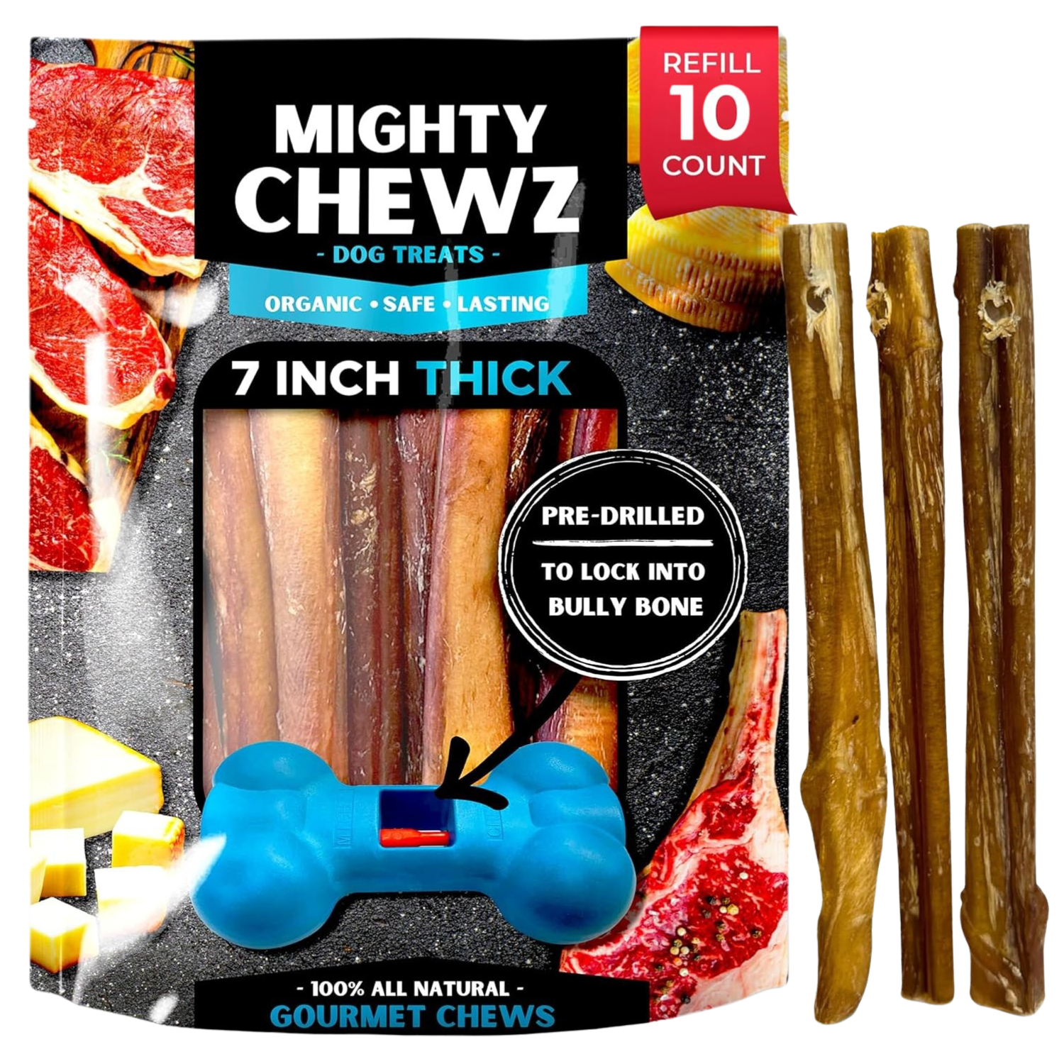 7" Thick Bully Sticks Refill Pack Pre-Drilled All-Natural Dog Chews