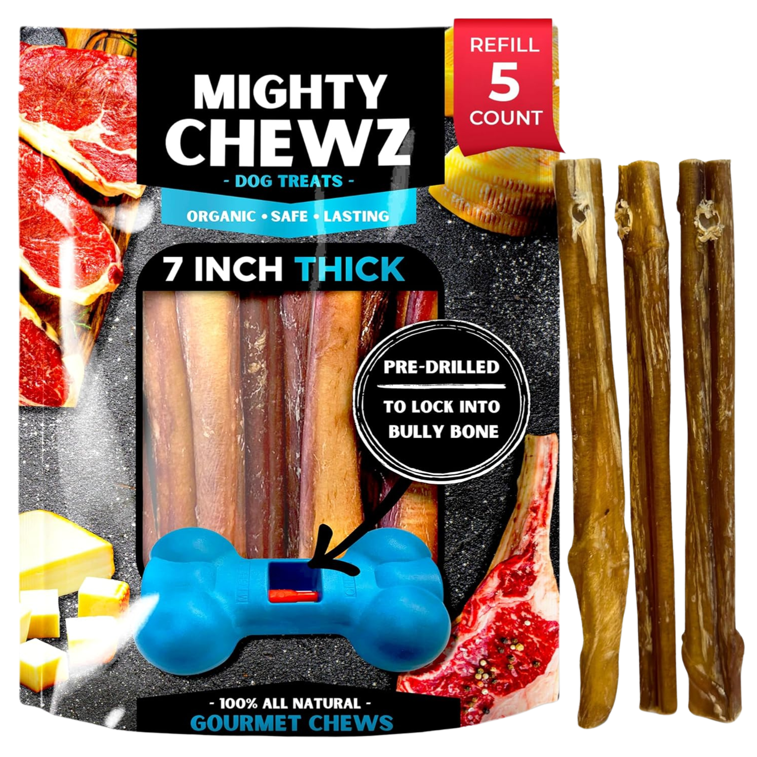7" Thick Bully Sticks Refill Pack Pre-Drilled All-Natural Dog Chews