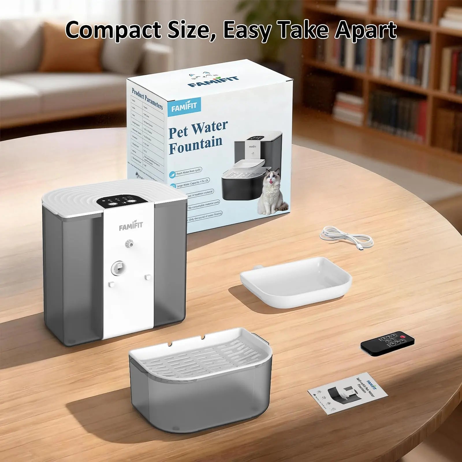 Automatic Cat Water Fountain ,No Filter,4.5L+2L，Ceramic Bowl, Timed 3/6/9H & 80/100/120Ml Control, Clean Water System, Ultra Quiet