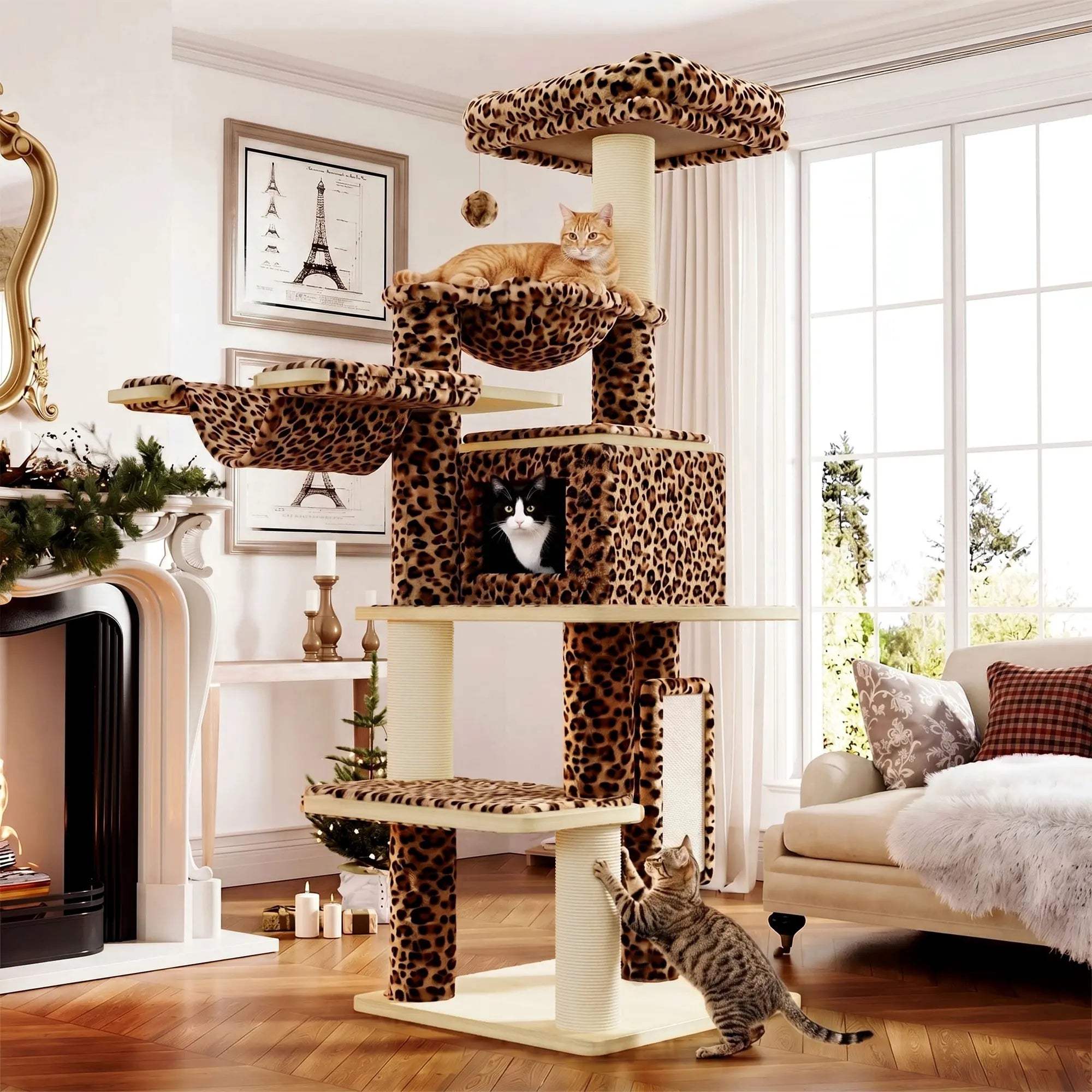 SHA CERLIN 77-Inch Multi-Level Plush Cat Tree Tower, Vertical Scratcher with Extra Thick Scratching Posts, Detachable Washable Cushions, Anti-Tip Safety Design, Leopard & Cream White Color