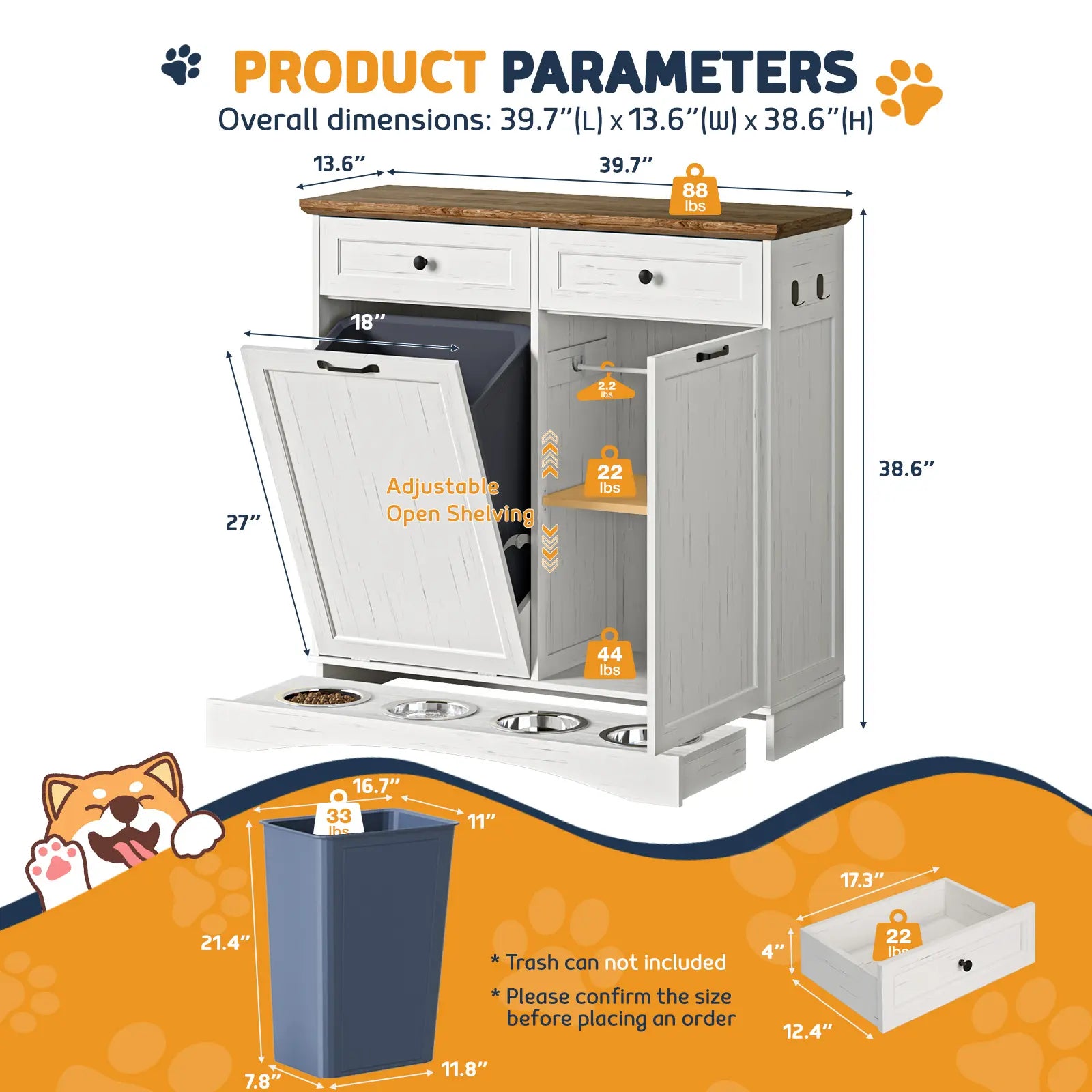 Summervibes Engineered Wood Pet Feeding Station Cabinet - Dual Tiltable Doors for Dog Food & Clothing Storage, Tilt-Out Design with 4 Feeding Bowls for Quick Access Summergarden