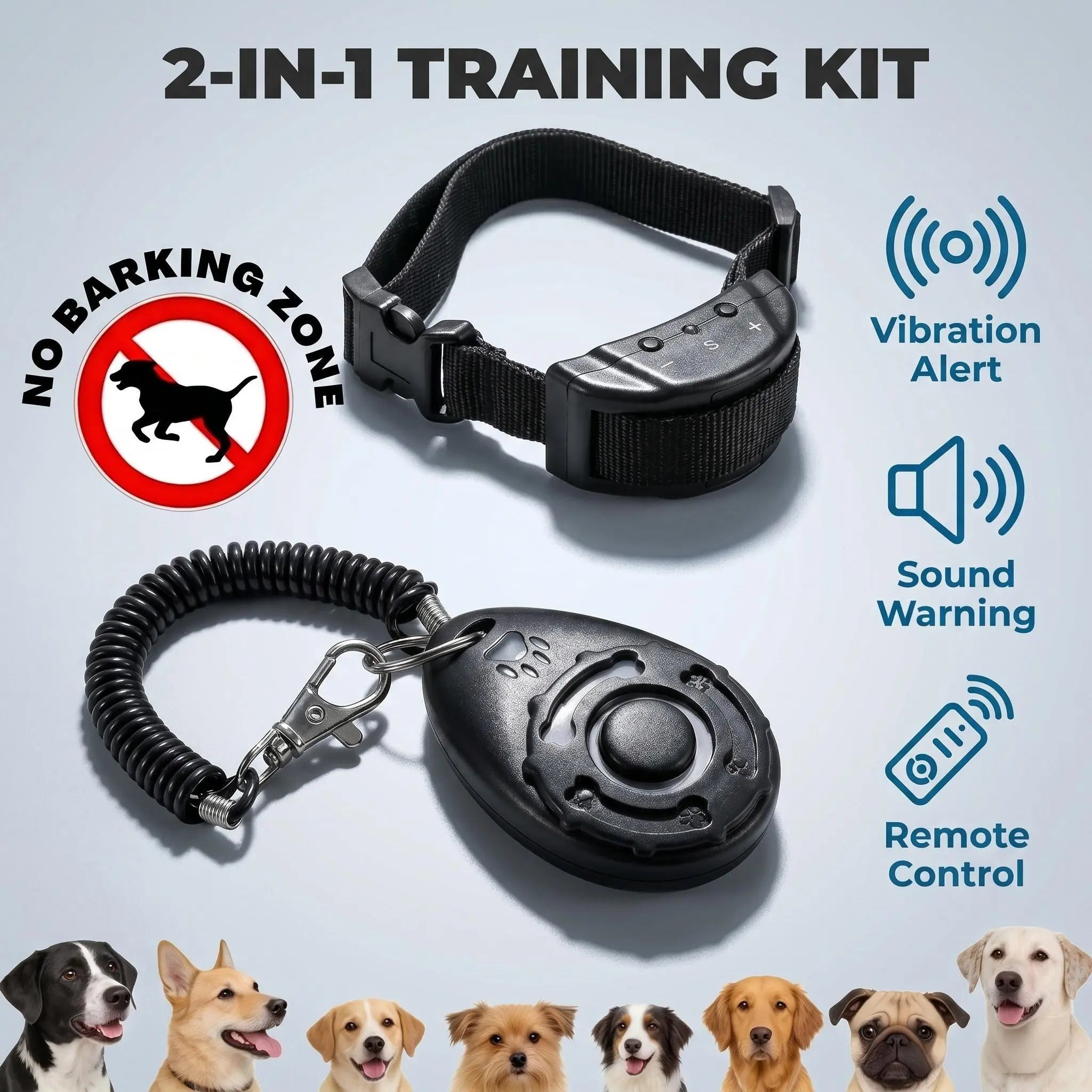 2 in 1 Dog Bark Collar Training Set, Gentle Remote Control No Barking Solution for Home Neighborhood Walks Public Park Pet Management