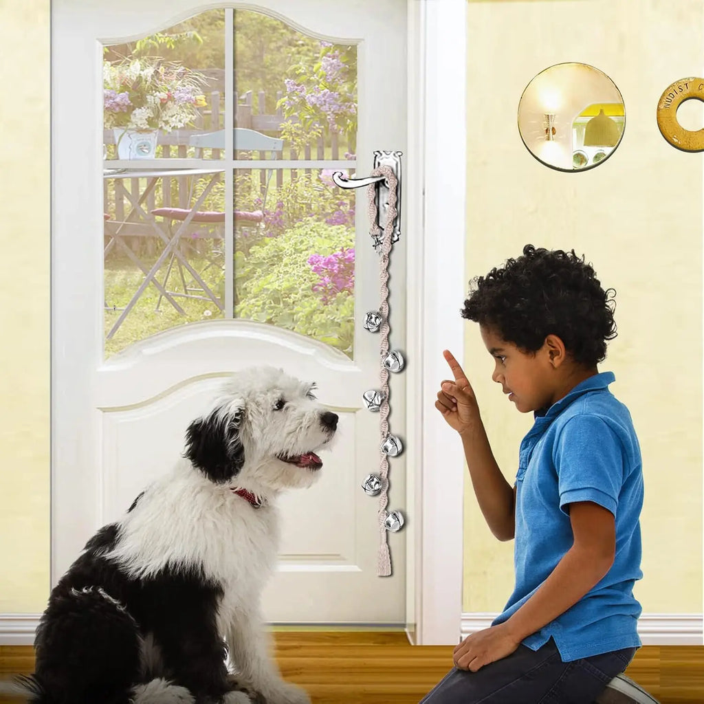 Handmade Look Adjustable Dog Potty Training Door Bell, Premium Twisted Yarn Potty Cue Tool, Beige Dog & Cat Flap Accessory