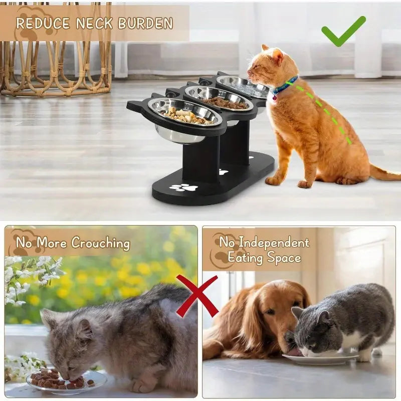 15 Tilted Stainless Steel Elevated Cat Bowls, Adjustable Raised Cat & Puppy Bowl Stand Feeder with 3 Stainless Steel Pet Bowls, Anti-Spill Black Wooden Base, Cat & Small Dogs Dishes for Food and Water Feeding
