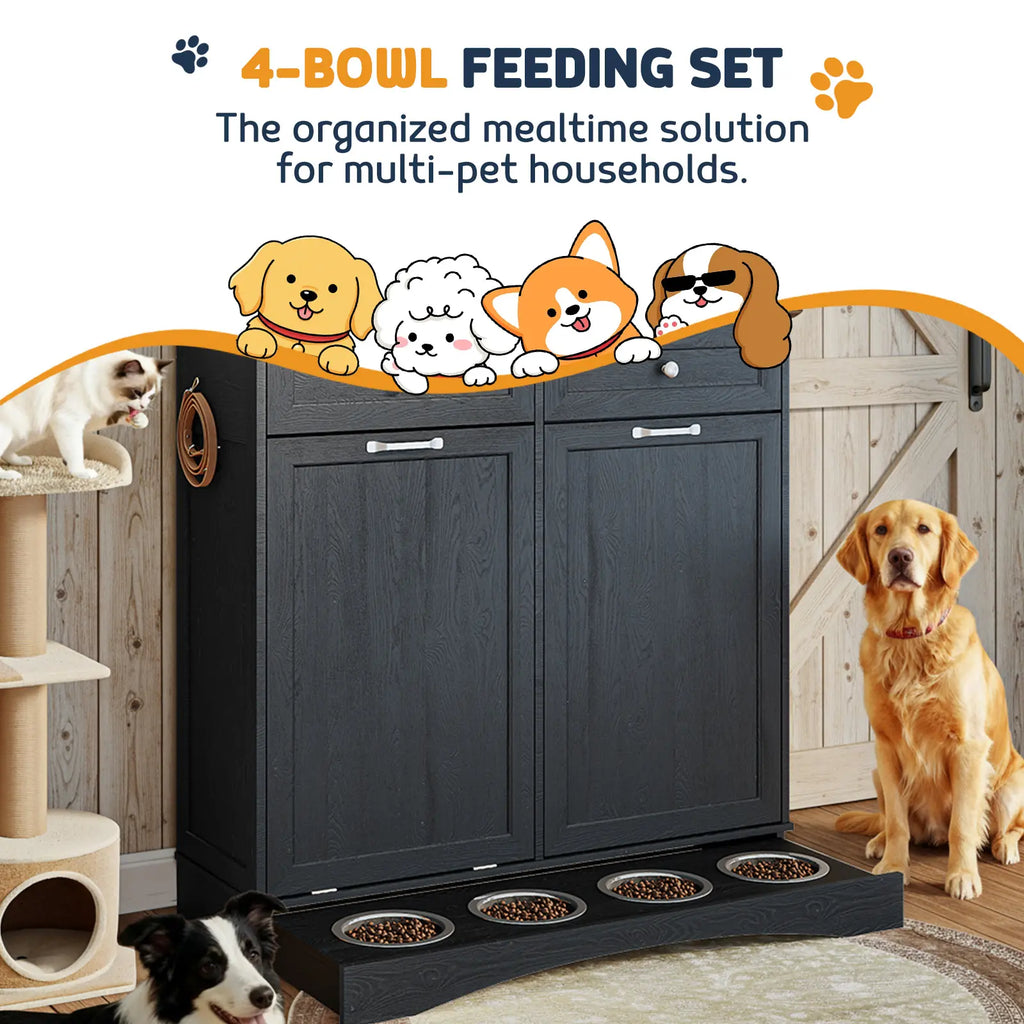 Summervibes Engineered Wood Pet Feeding Station Cabinet - Dual Tiltable Doors for Dog Food & Clothing Storage, Tilt-Out Design with 4 Feeding Bowls for Quick Access Summergarden