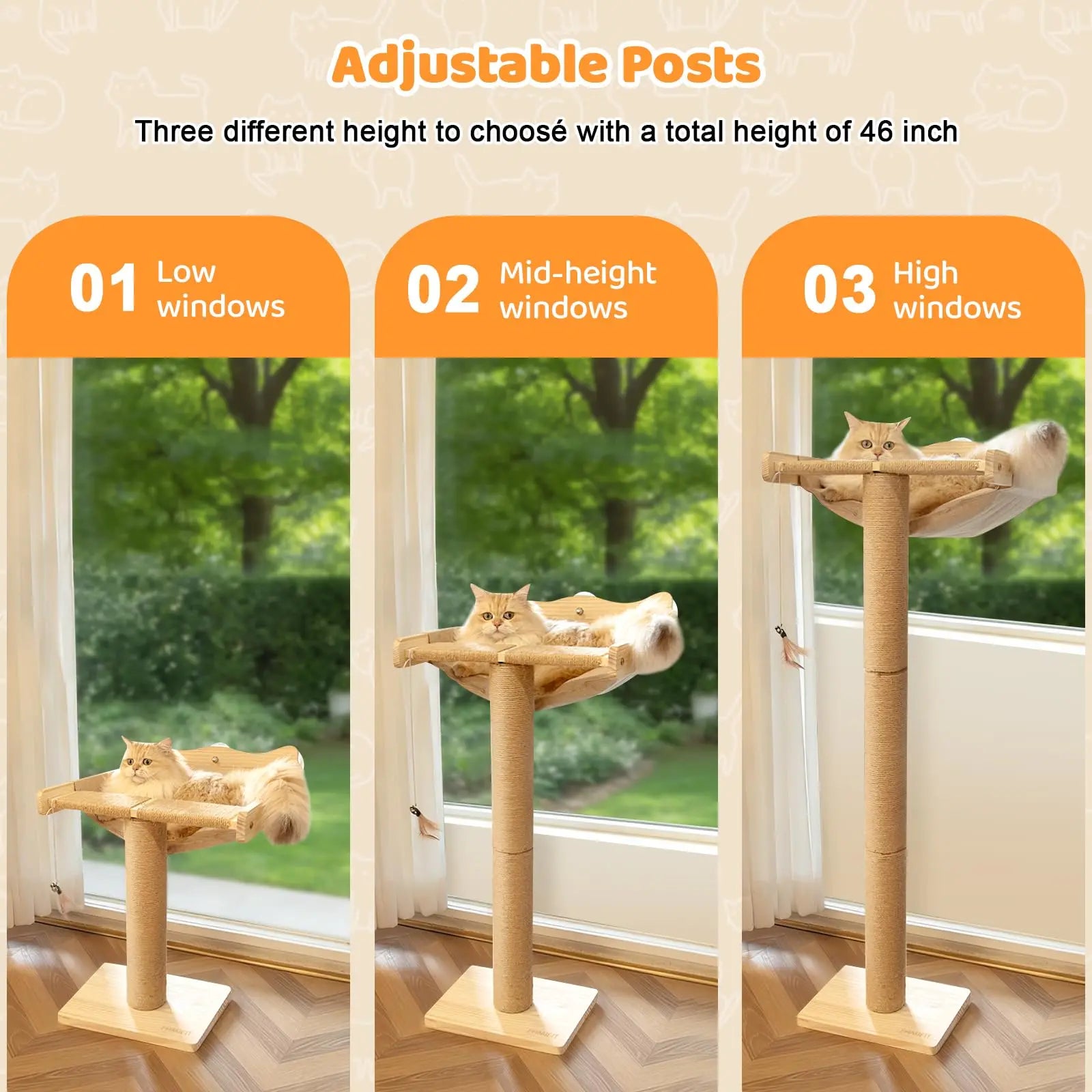 Cat Window Perch Hammock with 3-Piece Detachable Roman Column Sisal Scratching Posts, Drill-Free Suction Cup Mount, Extra Large for Large Cats & Maine Coons