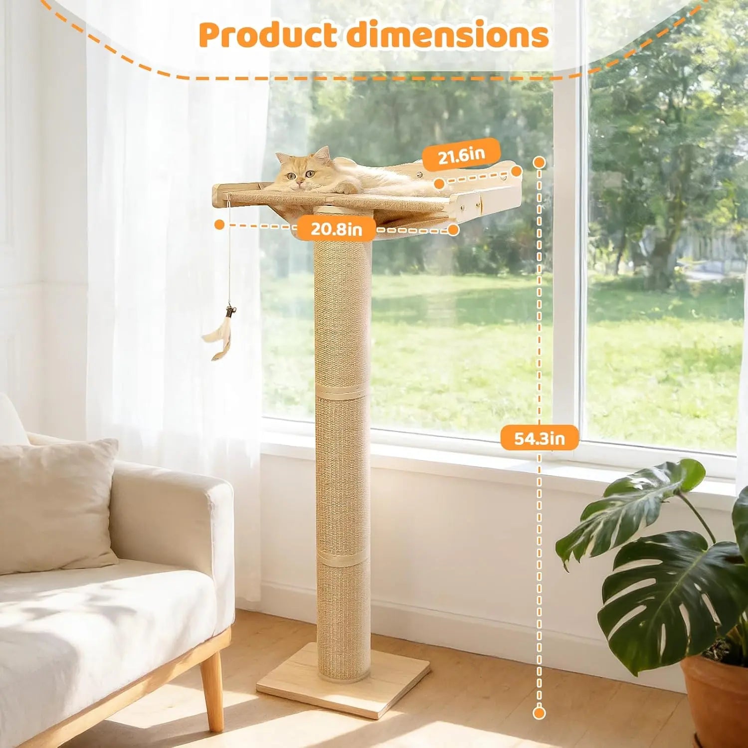 Cat Window Perch Hammock with 3-Piece Detachable Roman Column Sisal Scratching Posts, Drill-Free Suction Cup Mount, Extra Large for Large Cats & Maine Coons