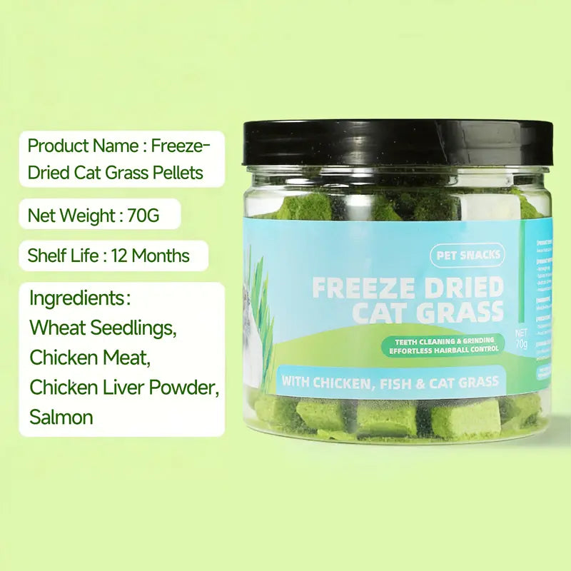 70G Cat Grass Treats with Natural Salmon, Hairball & Dental Care, Healthy Catnip Biscuits for Training & Daily Snacks