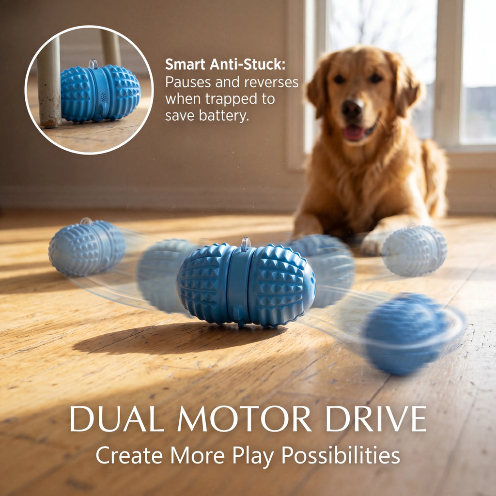 Smart Dog Toy Interactive Automatic Moving Ball Dual Motor Rolling Voice Recording Motion Activated Water Resistant Rechargeable Pet Toy with Rope for Small Medium Dogs Indoor Active Play Boredom Busting
