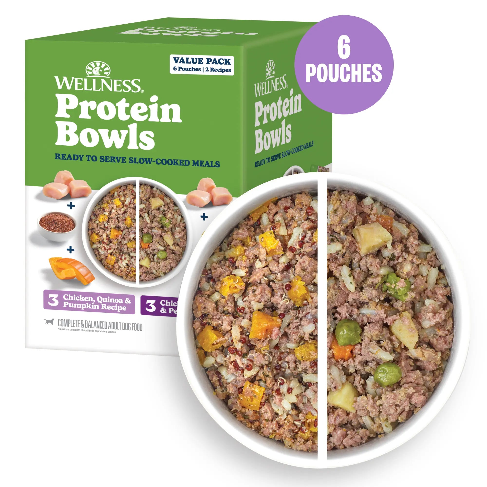 Wellness Protein Bowls, Adult Fresh Alternative Dog Food, Wholesome Grains, 6.2 Ounce Pouch, 6 Pack, (Chicken Value Pack)