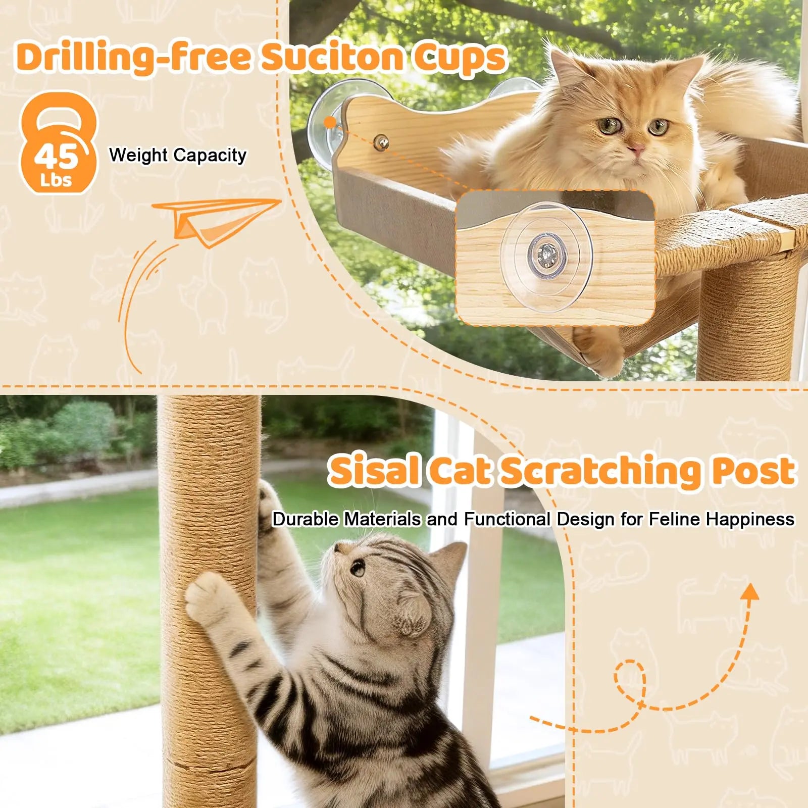 Cat Window Perch Hammock with 3-Piece Detachable Roman Column Sisal Scratching Posts, Drill-Free Suction Cup Mount, Extra Large for Large Cats & Maine Coons