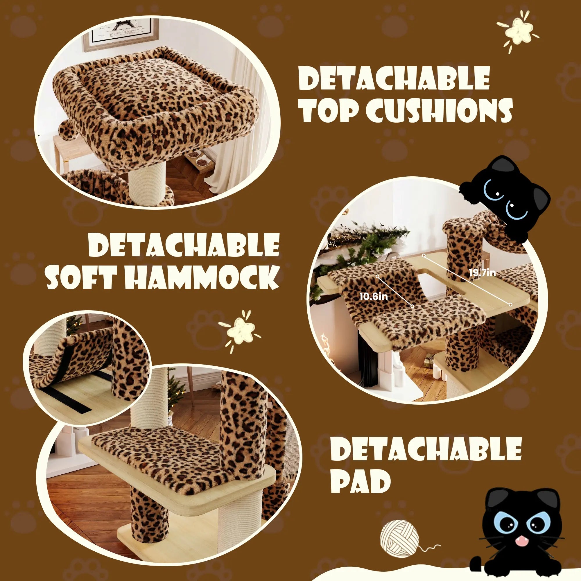 SHA CERLIN 77-Inch Multi-Level Plush Cat Tree Tower, Vertical Scratcher with Extra Thick Scratching Posts, Detachable Washable Cushions, Anti-Tip Safety Design, Leopard & Cream White Color