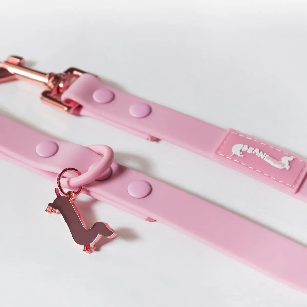 Ween Pink Waterproof Easy-Clean Leash with Rose Gold Keyring & Doxie Charm - Adjustable Length 60" X 1" PVC Material for Pet Walks