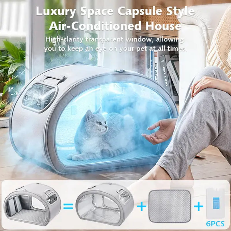 Pecute Pet Cooling House, Portable Bubble View Pod with Detachable Cooling Blanket, Full-View Window, Insulated Wall, No-Assembly Design for Small Dogs/Cats, Travel & Indoor Use