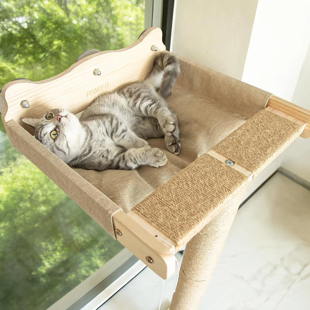 Cat Window Perch Hammock with 3-Piece Detachable Roman Column Sisal Scratching Posts, Drill-Free Suction Cup Mount, Extra Large for Large Cats & Maine Coons