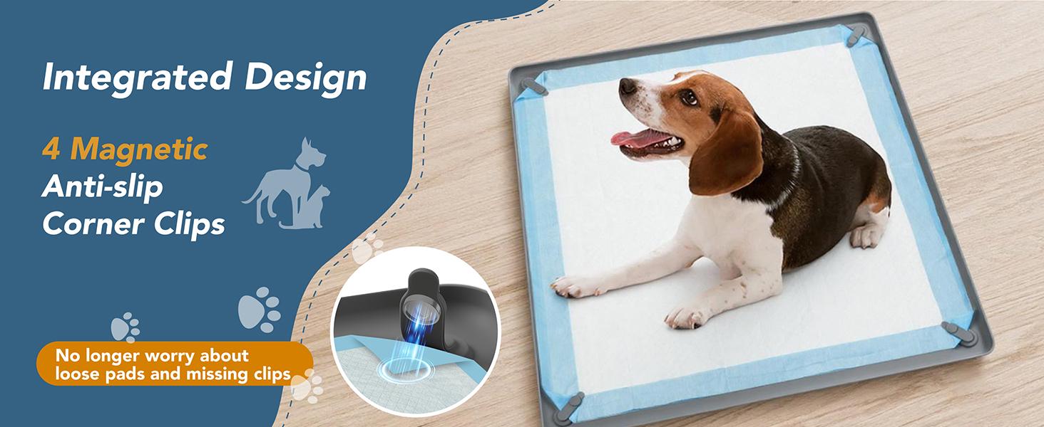 Pee Pad Holder for Dogs, Non-Slip Silicone Puppy Potty Training Tray with 4 Magnetic Clips & Leak-Proof Raised Edge, Dog Pee Pad Holder for Home Indoor Floor Protection, Puppy Essentials
