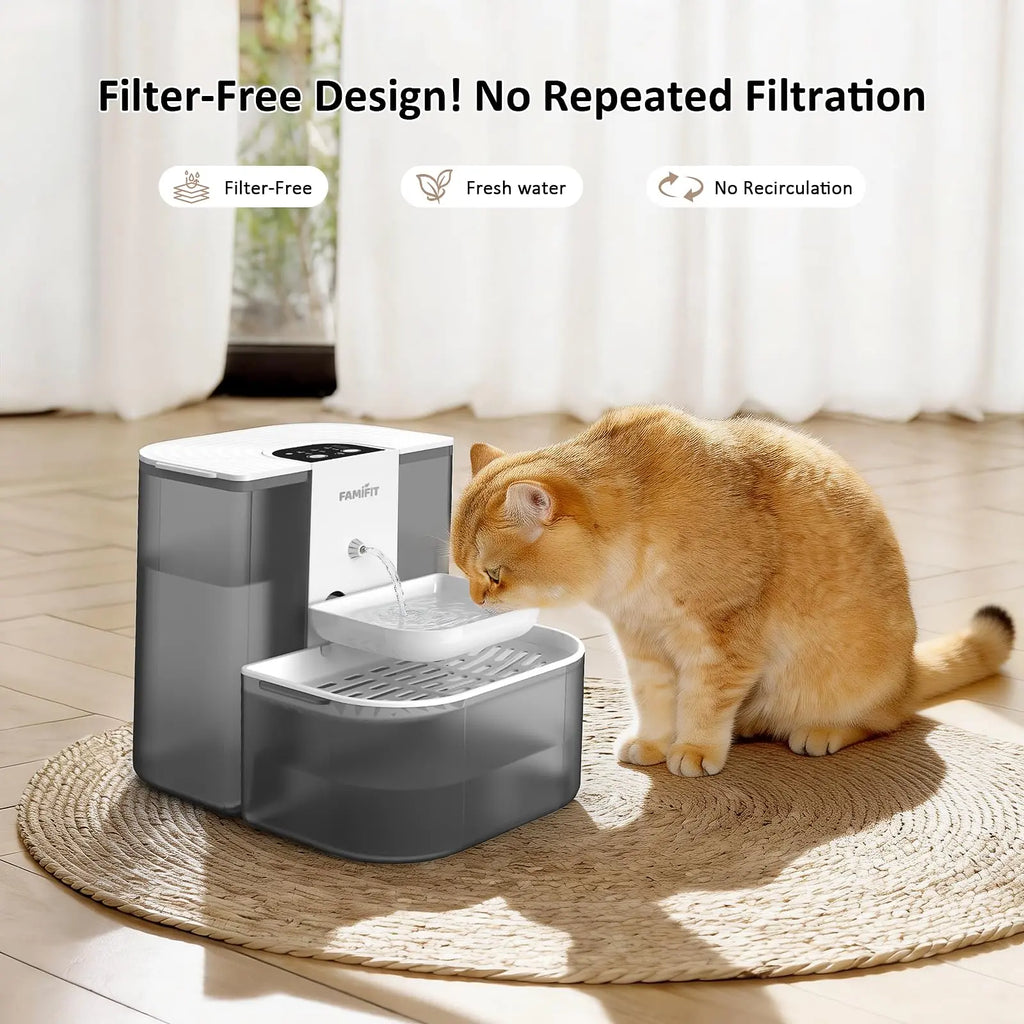 Automatic Cat Water Fountain ,No Filter,4.5L+2L，Ceramic Bowl, Timed 3/6/9H & 80/100/120Ml Control, Clean Water System, Ultra Quiet