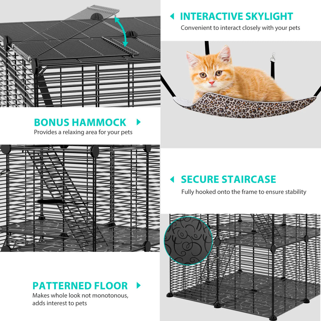Zeny DIY Multi-Level Metal Wire Kitty Cage Carrier - 3-Tier/4-Tier Enclosed Indoor Kennel Playpen with Hammock, Skylight Door, Spacious Area for Cats, Small Animals
