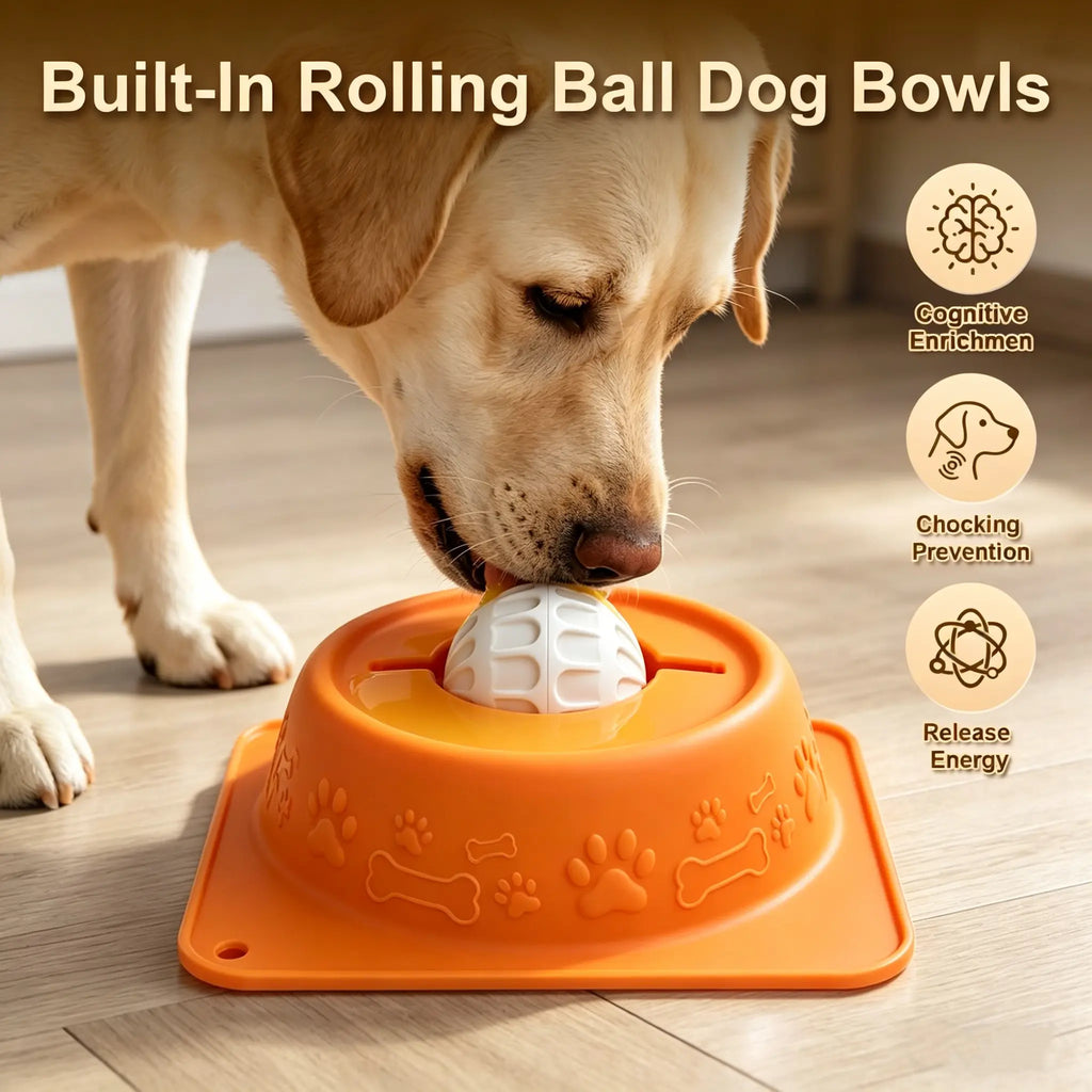 No-Spill Liquid Slow Feeder Bowl for Dogs Cats, Lick Toy with Rolling Ball Design, Calming Anxiety Relief Feeder for Bone Broth Yogurt, Anti-Slip Silicone Bowl for Small Medium Large Pets
