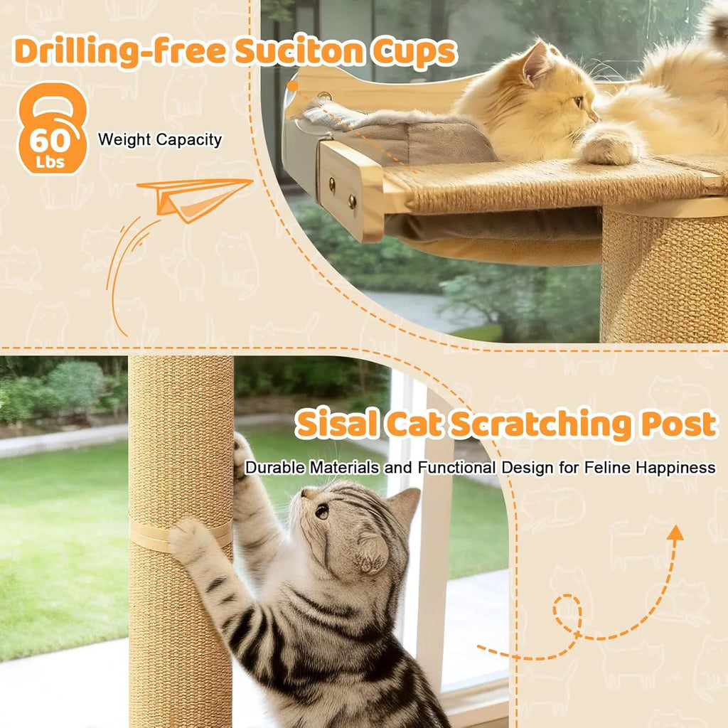 Cat Window Perch Hammock with 3-Piece Detachable Roman Column Sisal Scratching Posts, Drill-Free Suction Cup Mount, Extra Large for Large Cats & Maine Coons