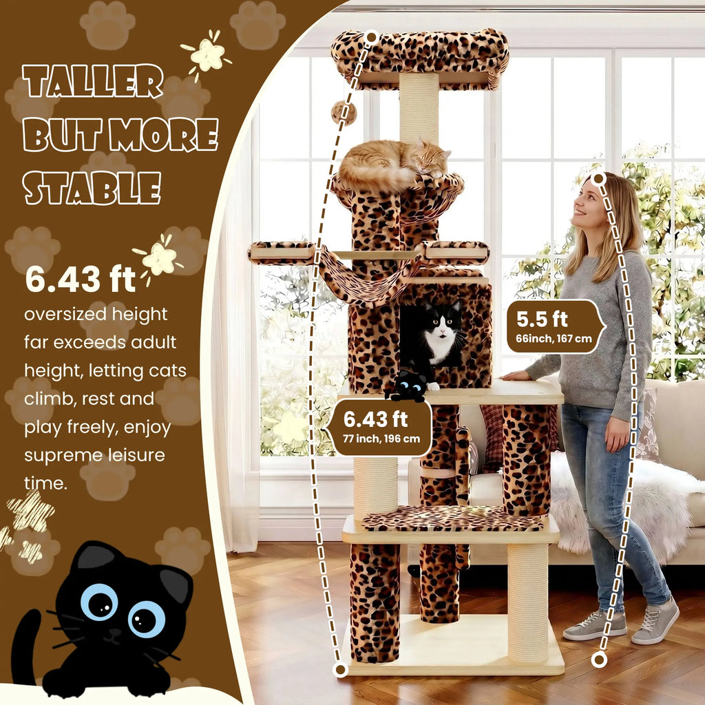 SHA CERLIN 77-Inch Multi-Level Plush Cat Tree Tower, Vertical Scratcher with Extra Thick Scratching Posts, Detachable Washable Cushions, Anti-Tip Safety Design, Leopard & Cream White Color