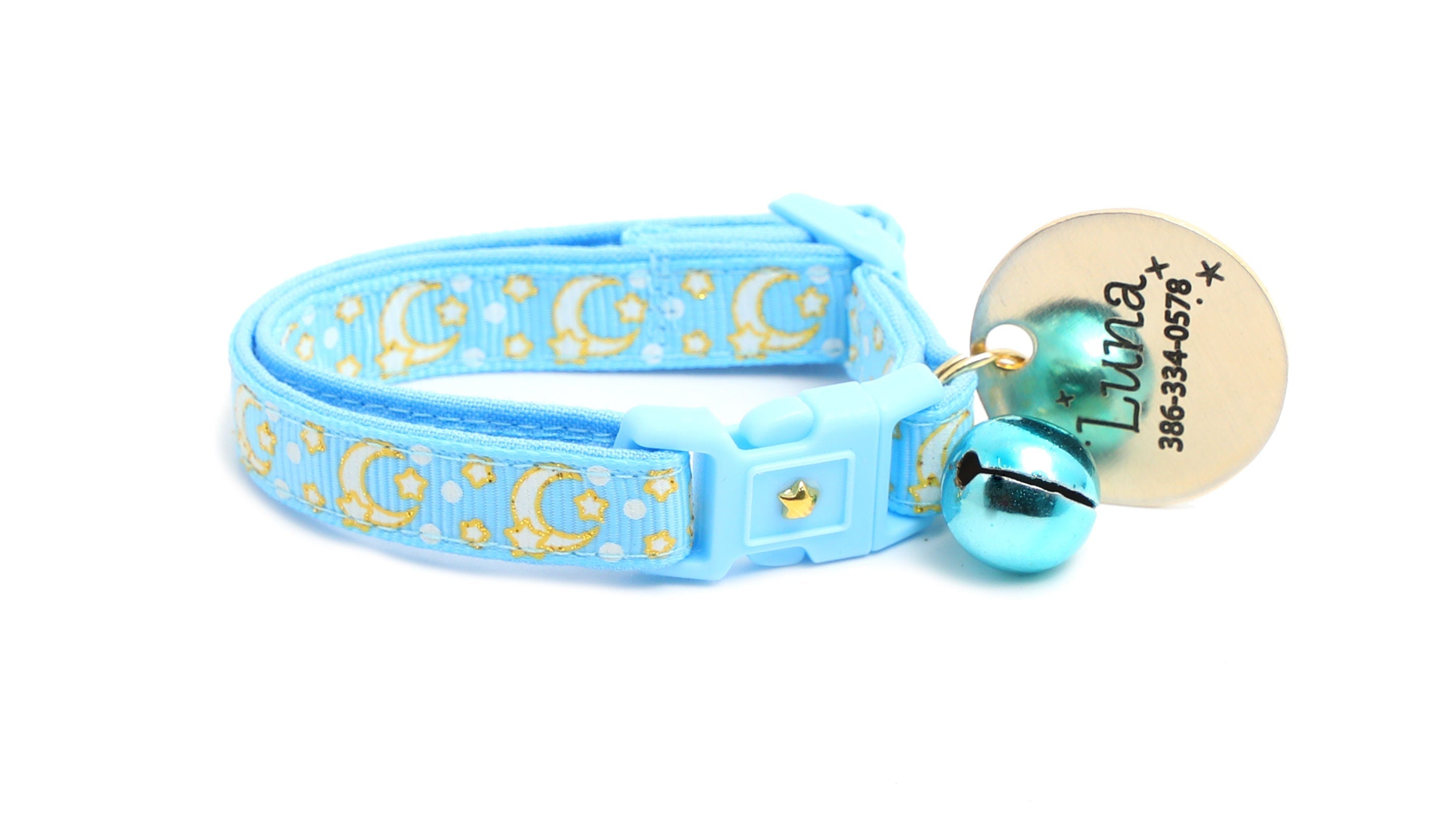 Gold Moons and Stars on Powder Blue Cat Collar-7